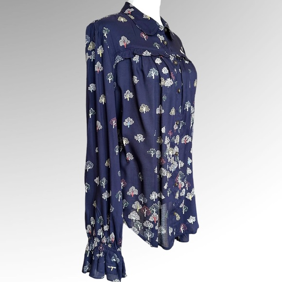 MAEVE BY ANTHROPOLOGIE NAVY TREE PRINT FREDERICKA BUTTON DOWN TOP BLOUSE SIZE 14 - Picture 5 of 12